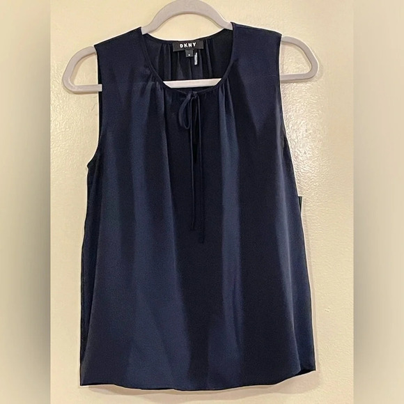 DKNY Tie Front Keyhole Sleeveless Top in Navy - Picture 1 of 4